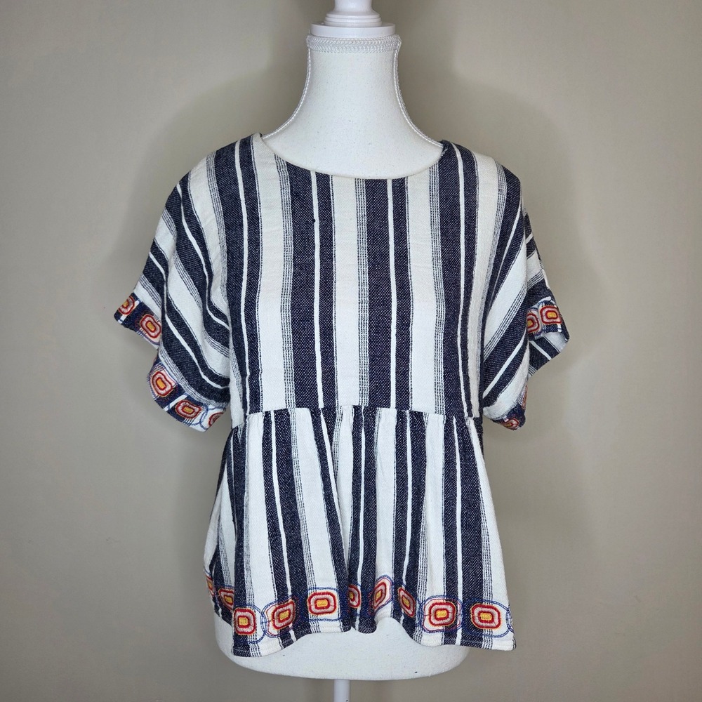 Maeve Anthropologie Striped Peplum Top Blue White Embroidered Linen Blend Medium